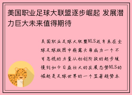 美国职业足球大联盟逐步崛起 发展潜力巨大未来值得期待