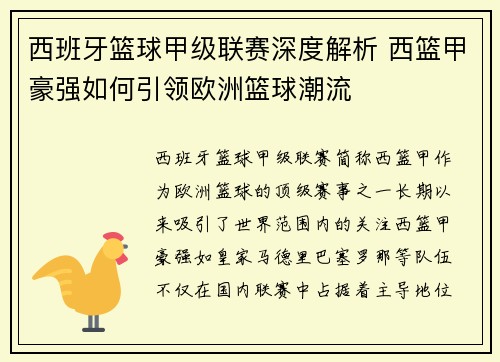 西班牙篮球甲级联赛深度解析 西篮甲豪强如何引领欧洲篮球潮流