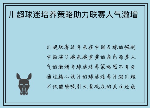 川超球迷培养策略助力联赛人气激增
